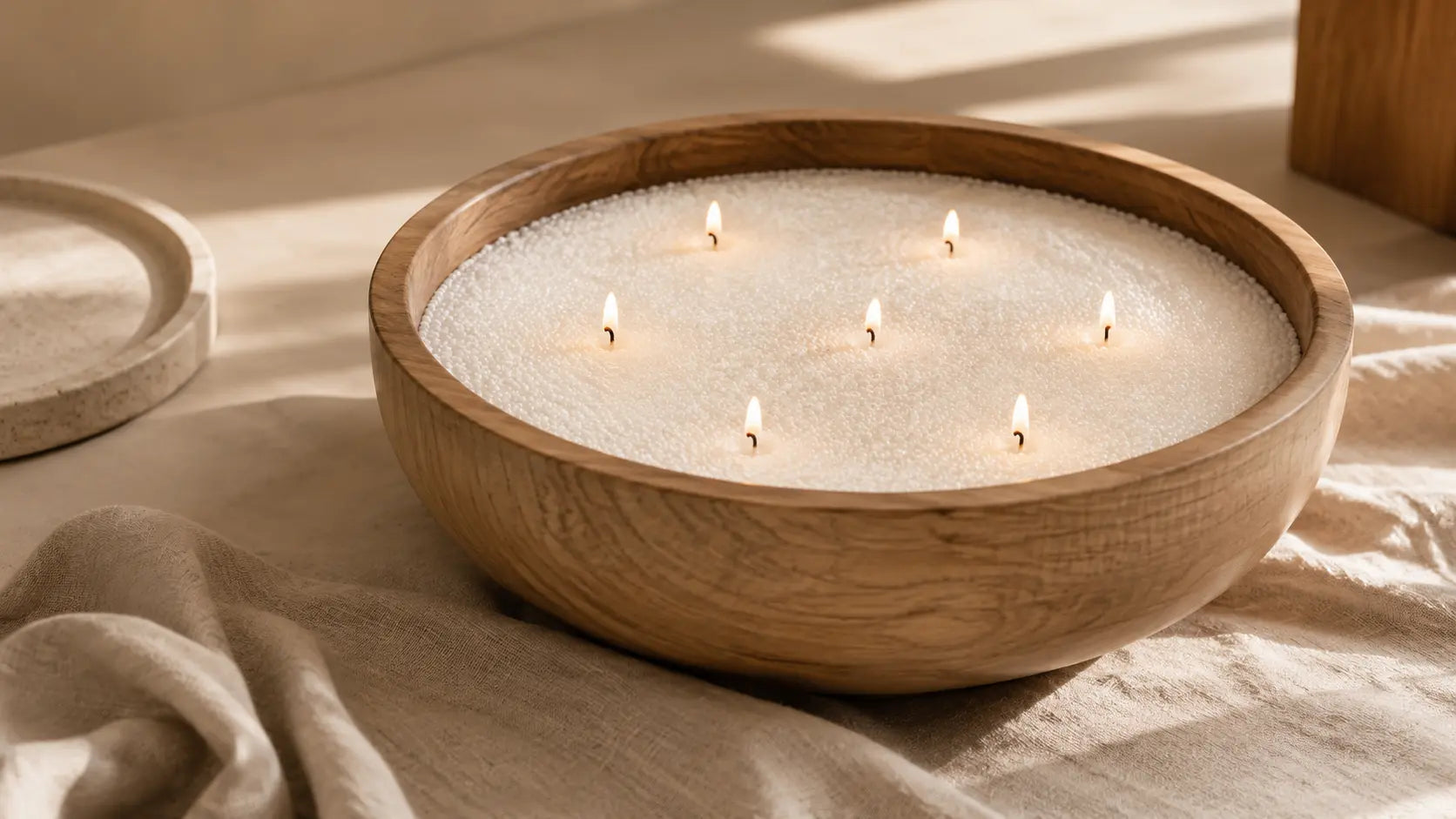 Large wooden bowl with soft white pearled candle wax and multiple lit wicks