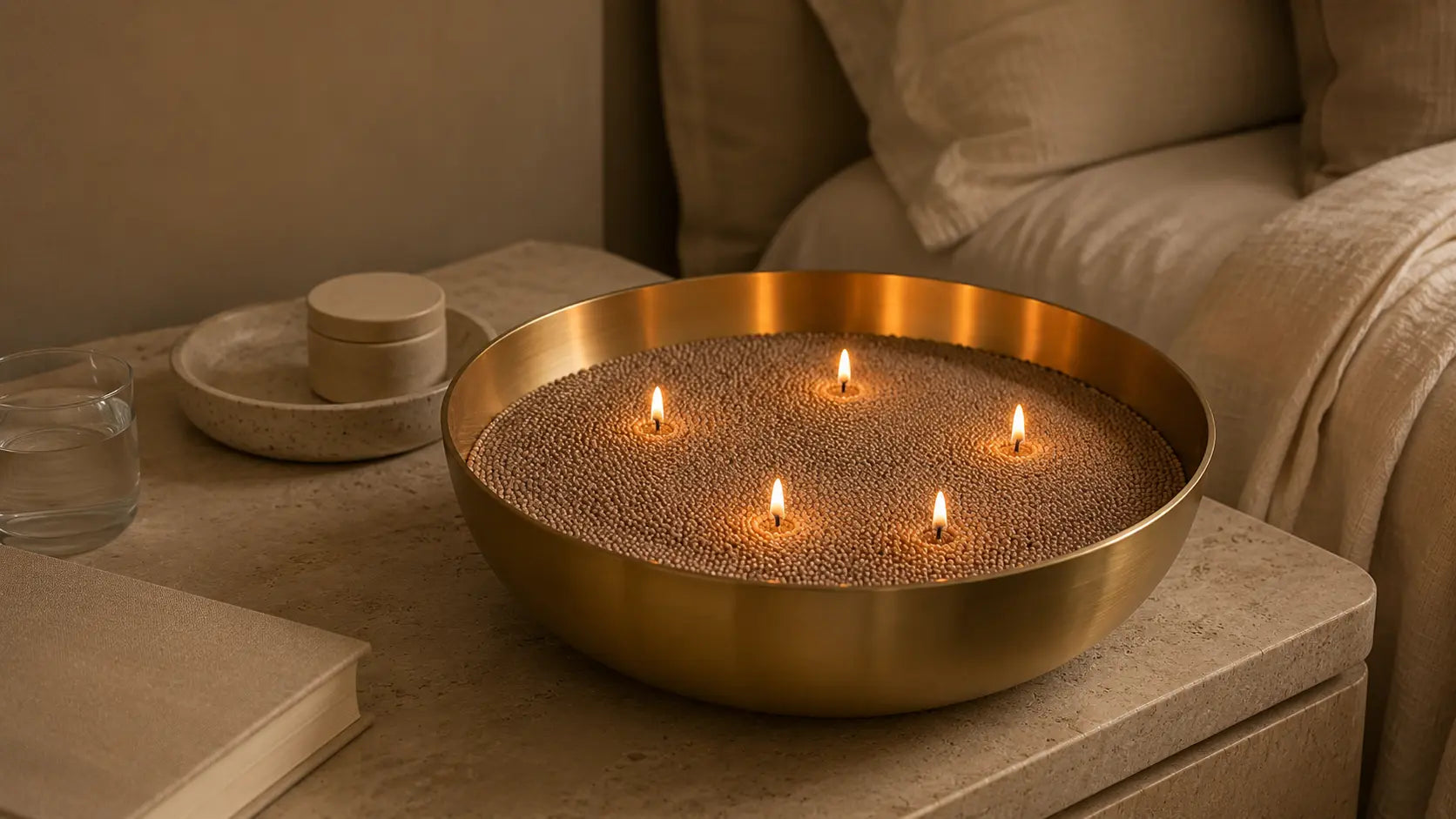 Large gold stainless steel bowl filled with warm taupe pearled candle wax in a luxury Scandinavian bathroom setting
