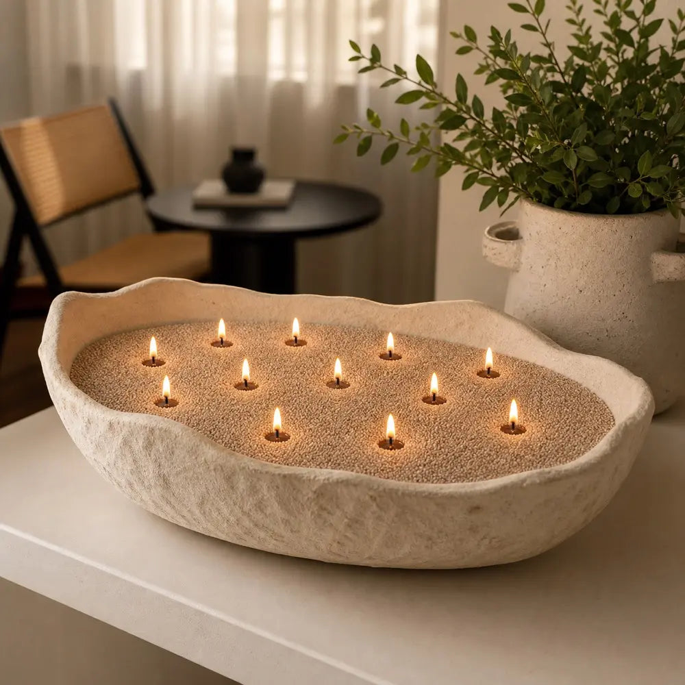 Warm taupe pearled candle wax burning in a decorative bowl with glowing wicks, showing long-lasting candle styling for Luster Candle