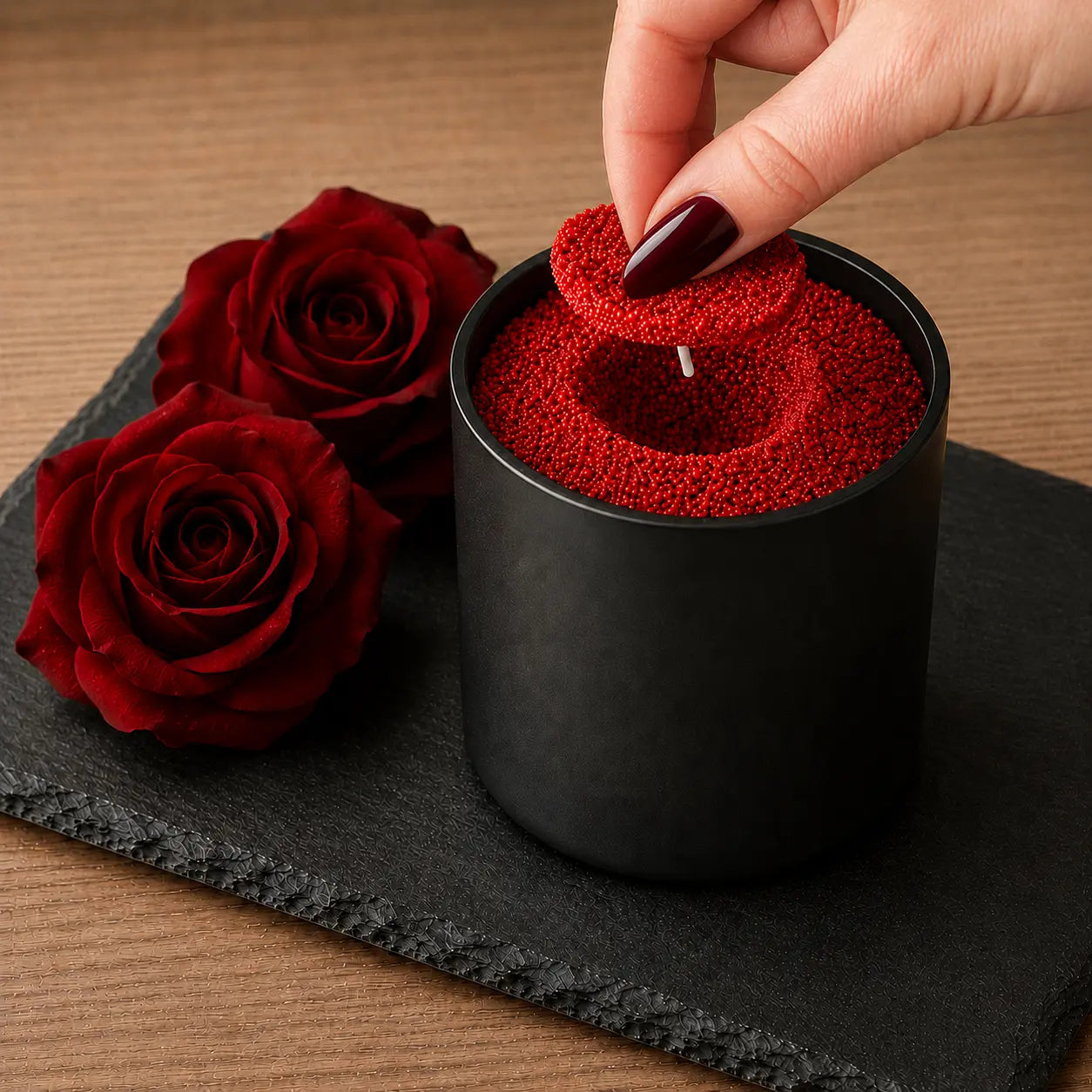 Hand lifting burgundy red pearled candle wax from a black candle vessel to refresh the candle, styled with red roses for Luster Candle