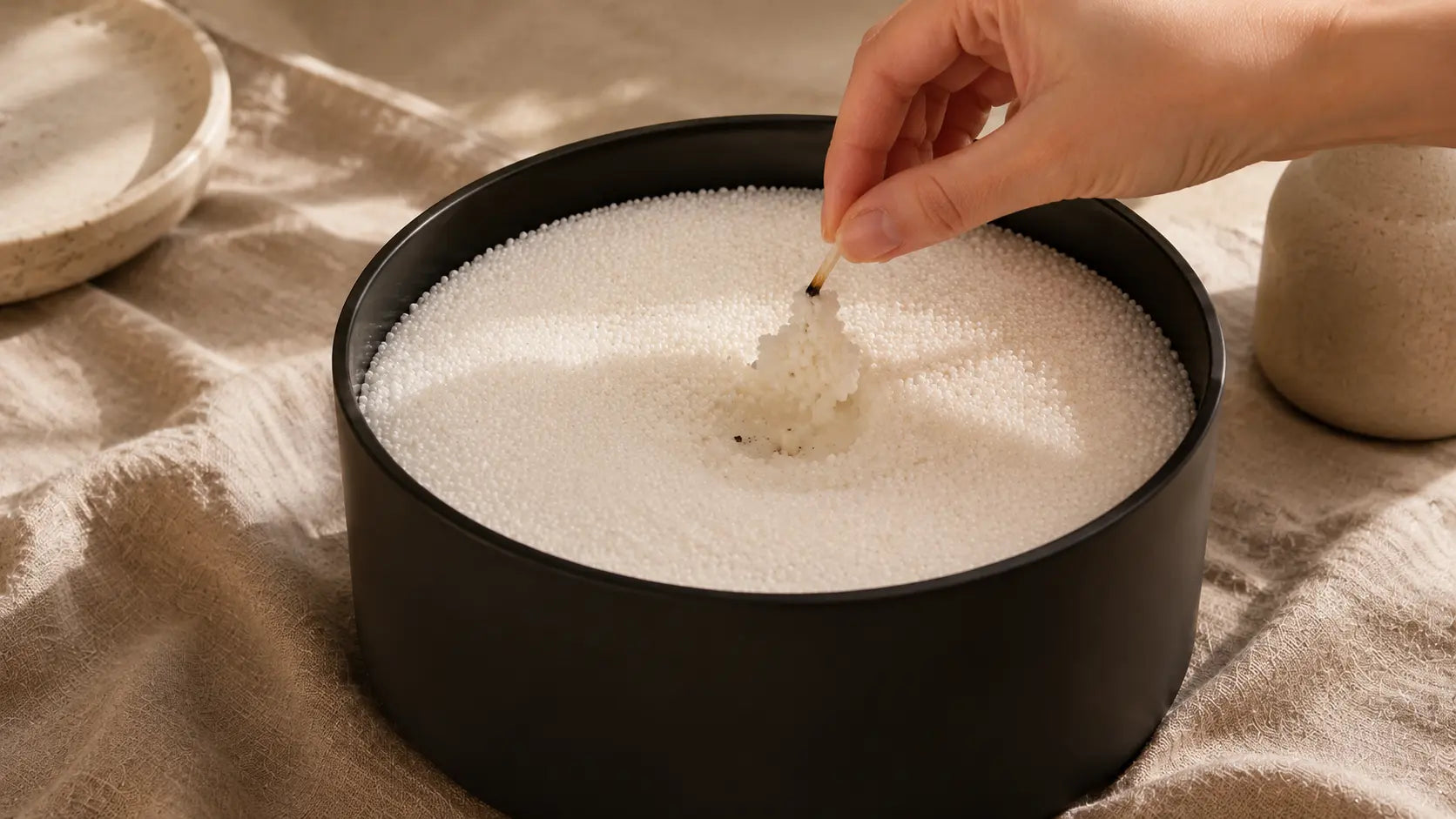 Refreshing soft white pearled candle wax in a black vessel with a new wick