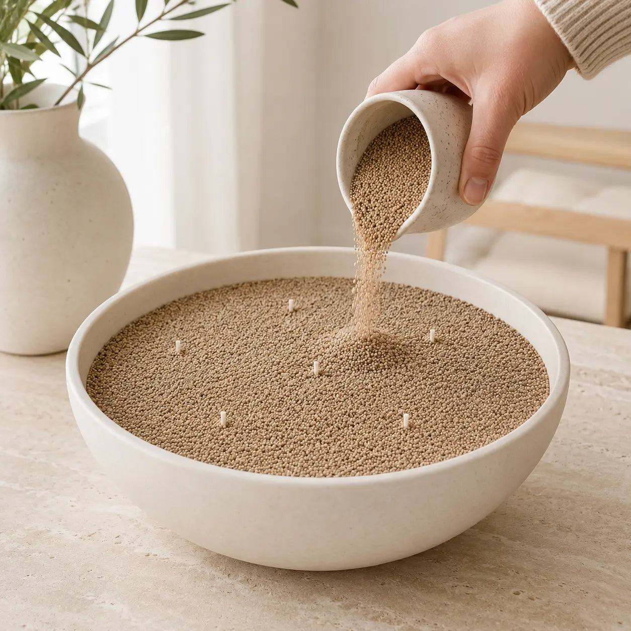 Warm taupe pearled candle wax being poured into a ceramic bowl with short cotton wicks prepared for use in a minimalist Scandinavian interior setting