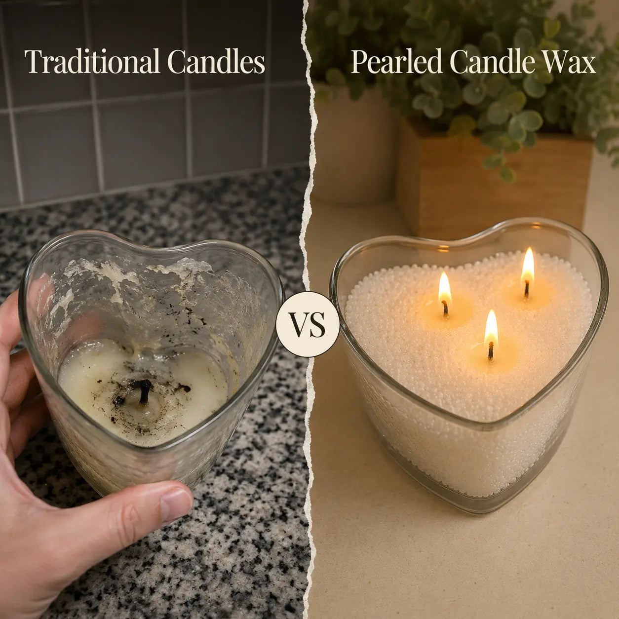 Warm taupe pearled candle wax in a ceramic vessel beside a traditional candle in a Scandinavian home setting