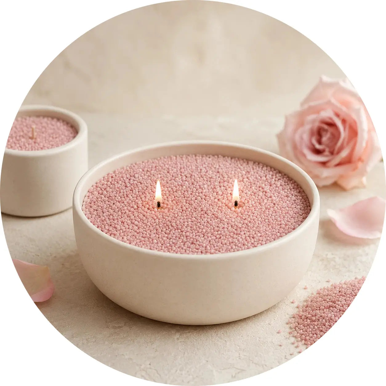 Blush Rose scented pearled candle wax collection featuring a lit candle vessel, blush rose wax pearls, and Luster Candle packaging.