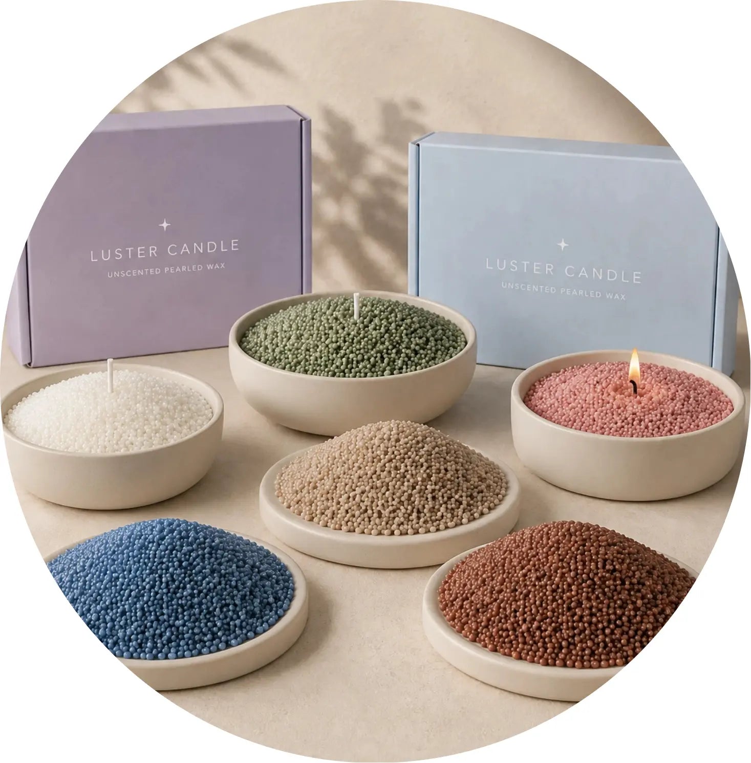 Unscented pearled candle wax collection featuring refillable candle sand in soft neutral, romantic, modern, and natural wax bead colors.