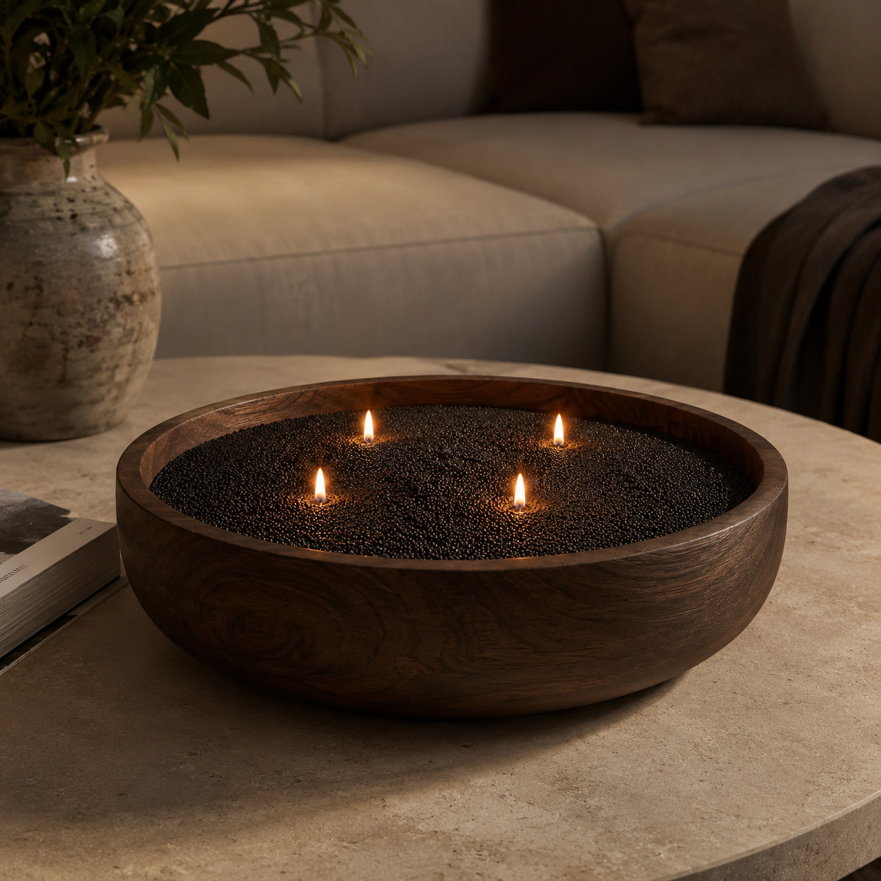 charcoal black pearled candle wax styled in a cozy modern home decor scene
