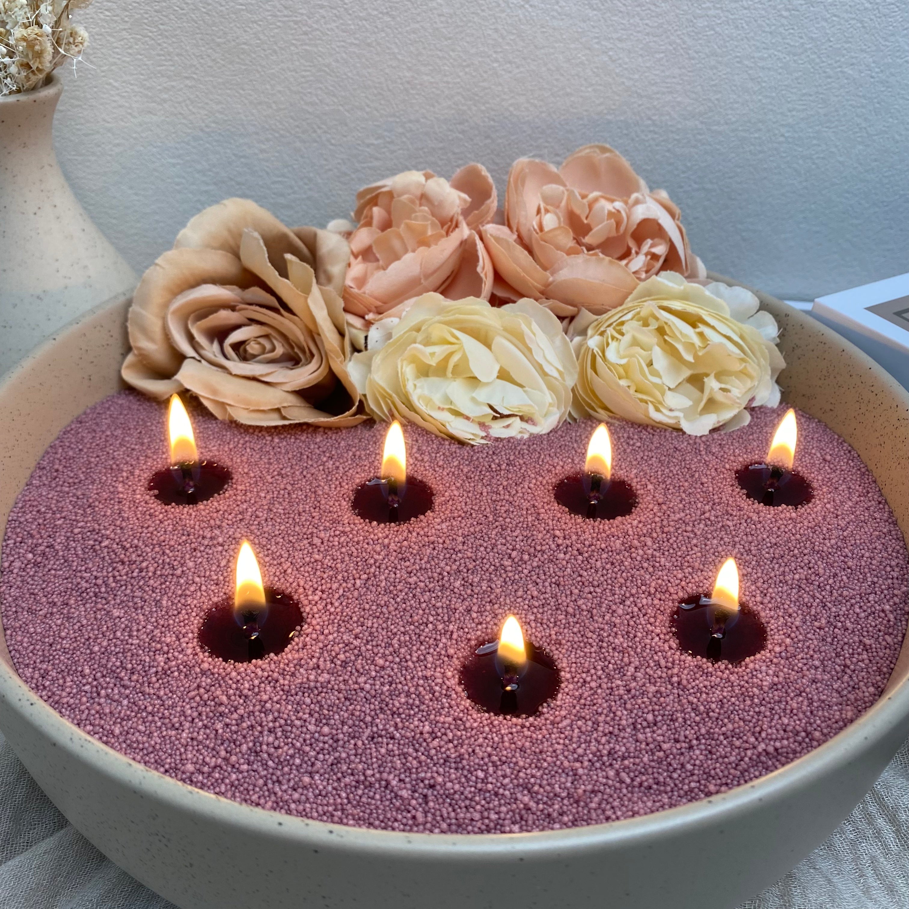 desert rose pearled candle wax used in a large vessel with multiple wicks