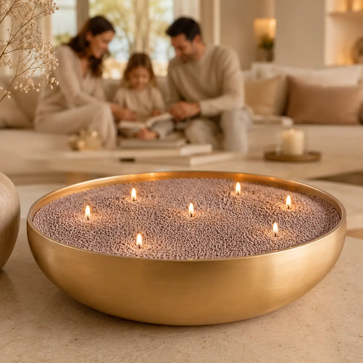 Large warm taupe pearled candle wax bowl in a modern family home setting