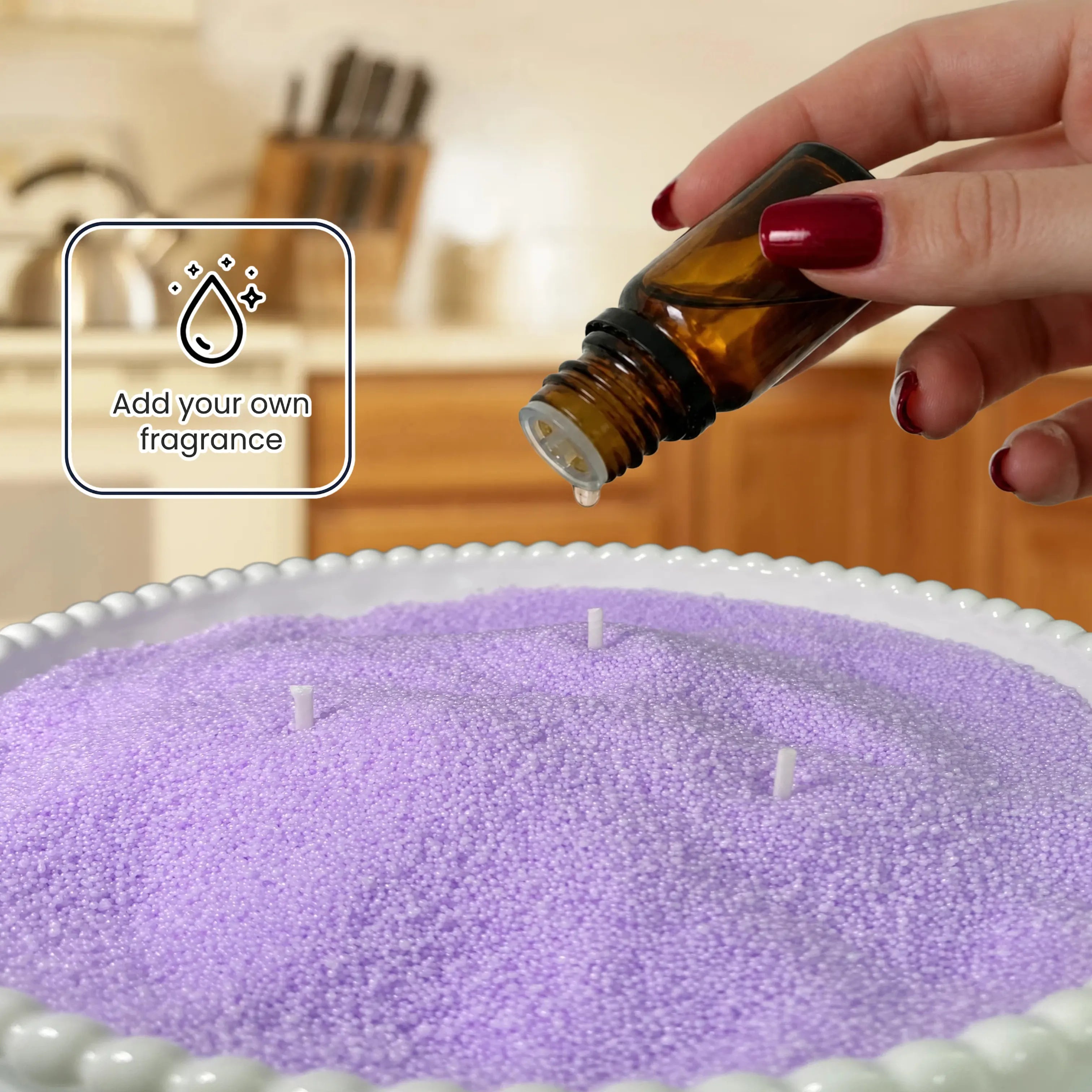 Add fragrance oil to pearled candle wax for a customizable scented candle