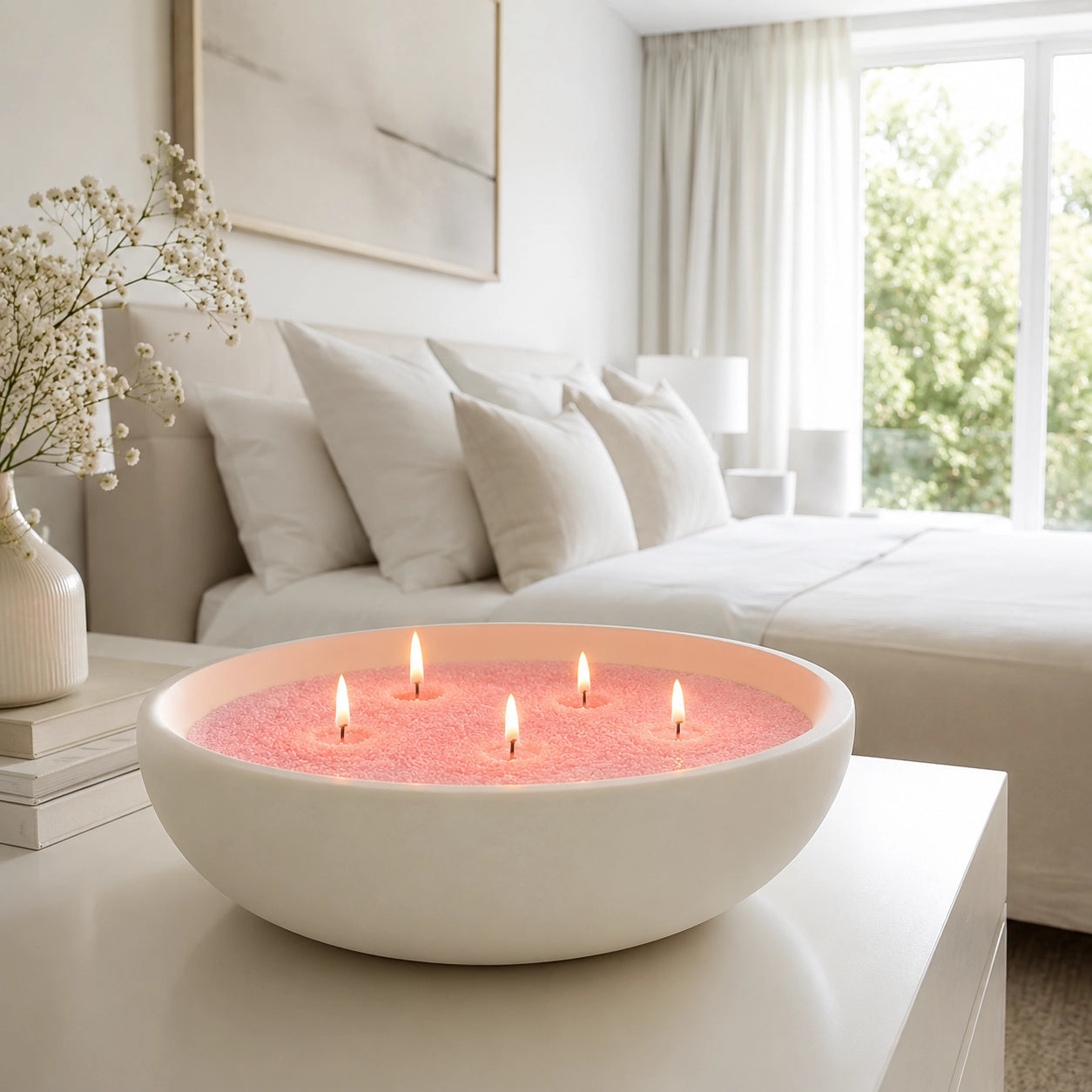 blush pink pearled candle wax displayed in a warm home vessel scene