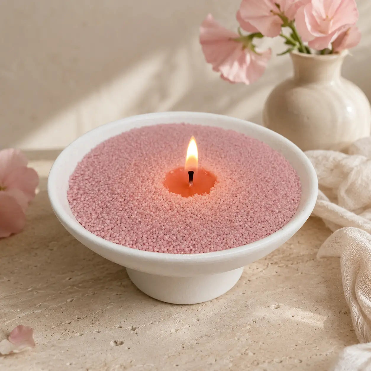 Blush Rose scented pearled candle wax in a white ceramic bowl with a soft flame and romantic floral styling.