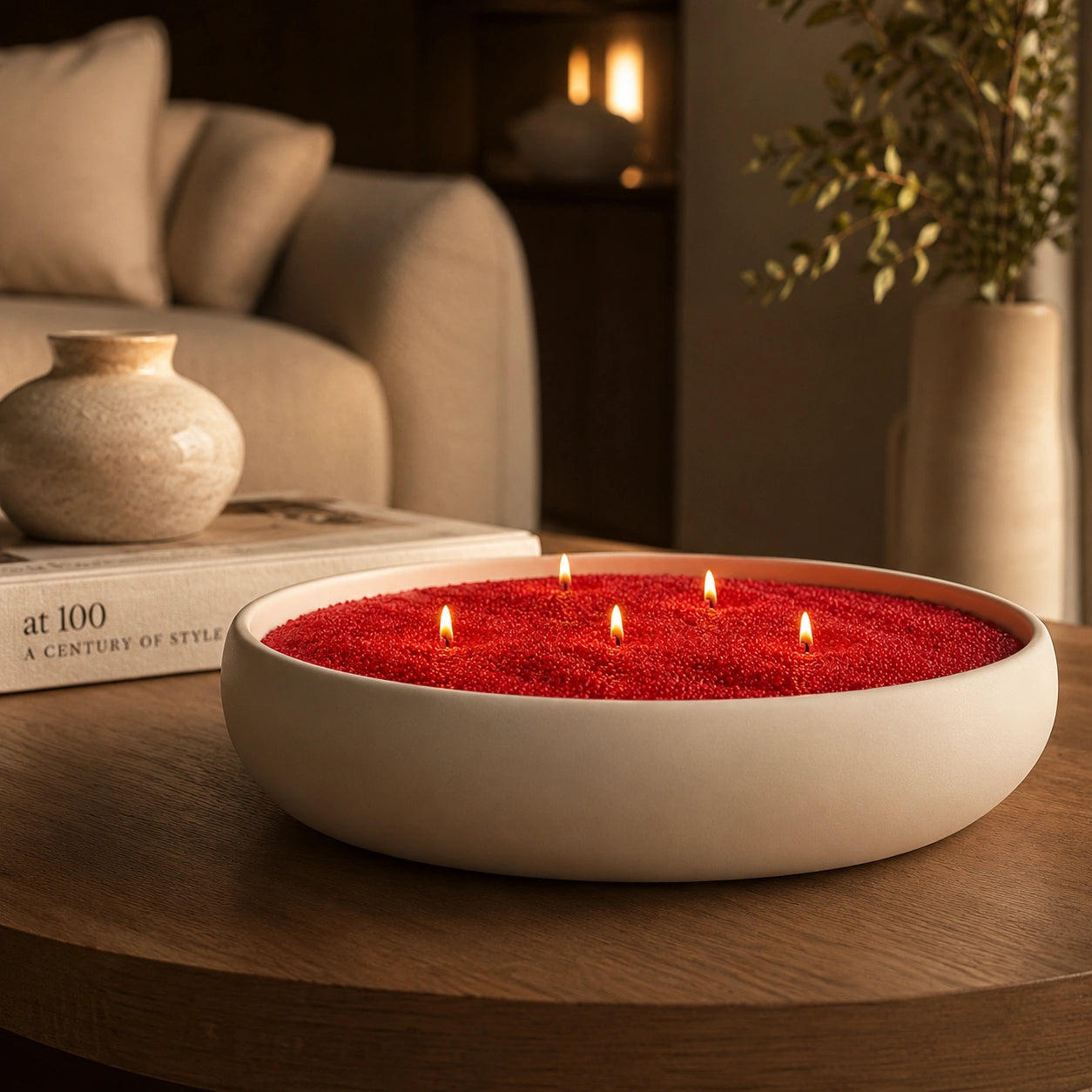 burgundy red pearled candle wax displayed in a warm home vessel scene