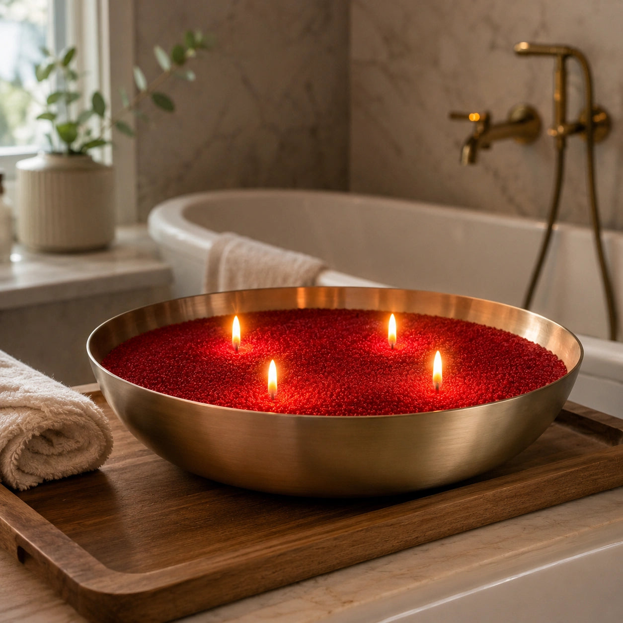 burgundy red pearled candle wax styled as a beautiful giftable candle scene