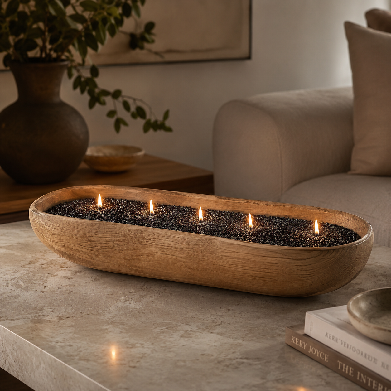 charcoal black pearled candle wax displayed in a warm home vessel scene