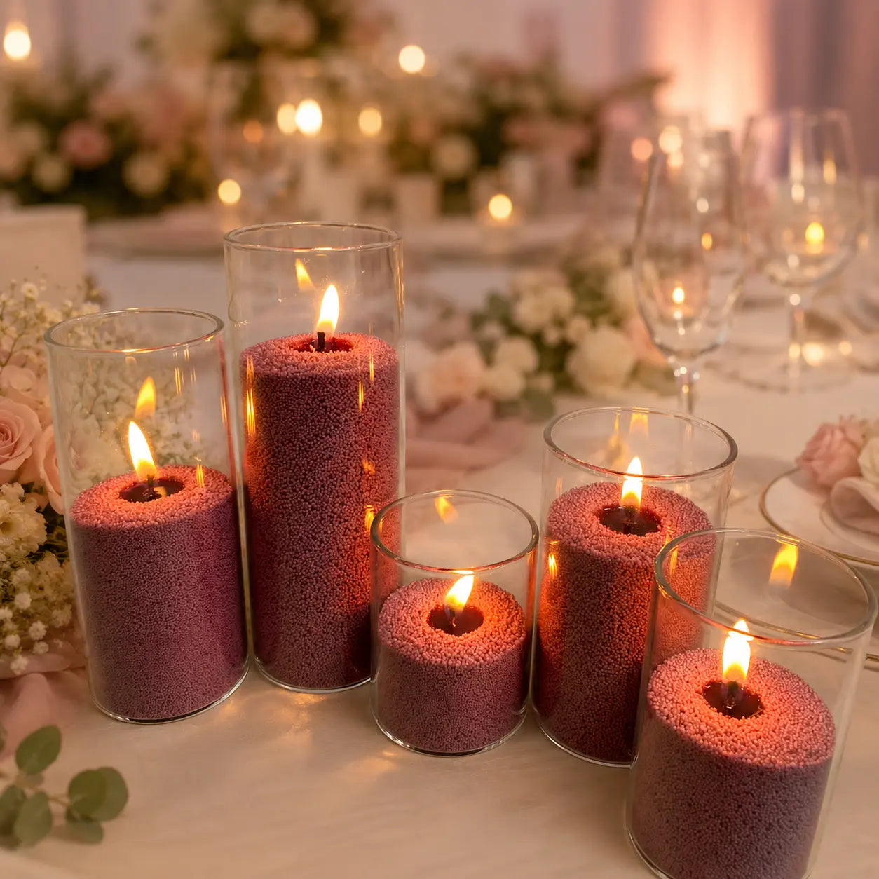 Desert Rose Pearled Candle Wax displayed in clear glass vessels for a romantic dinner party or event setting with soft candlelight and floral decor.