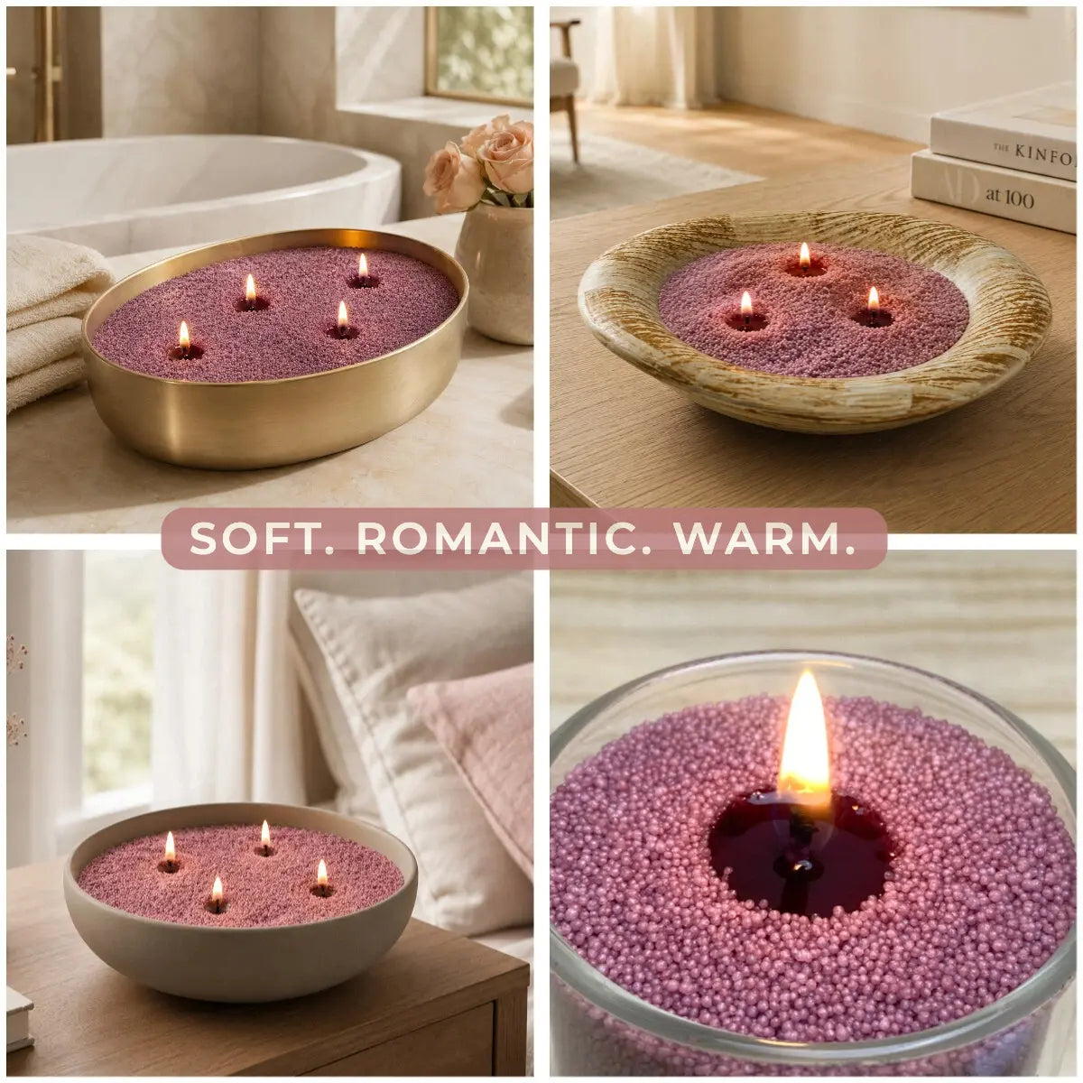 Desert Rose Pearled Candle Wax shown in soft romantic lifestyle scenes with warm candlelight, elegant vessels, and close-up wax bead details.
