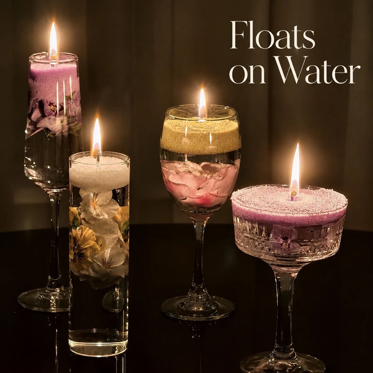Floating candle sand with wax pearls on water in decorative glass containers