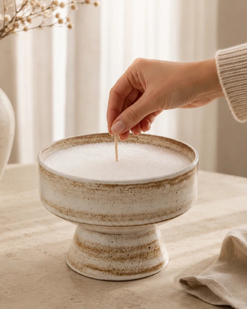 inserting a wick into soft white pearled candle wax