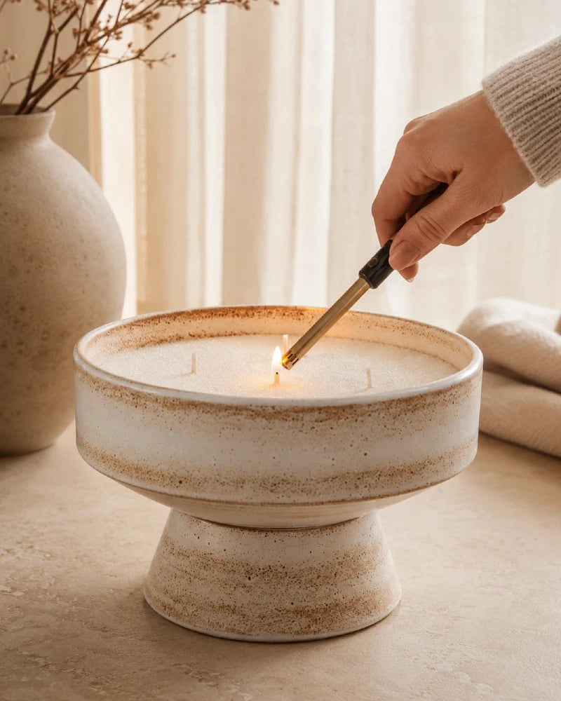lighting a wick in soft white pearled candle wax