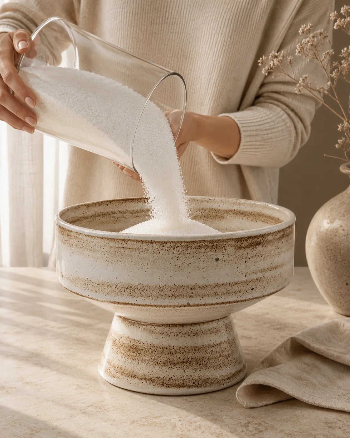 pouring soft white pearled candle wax into a ceramic vessel
