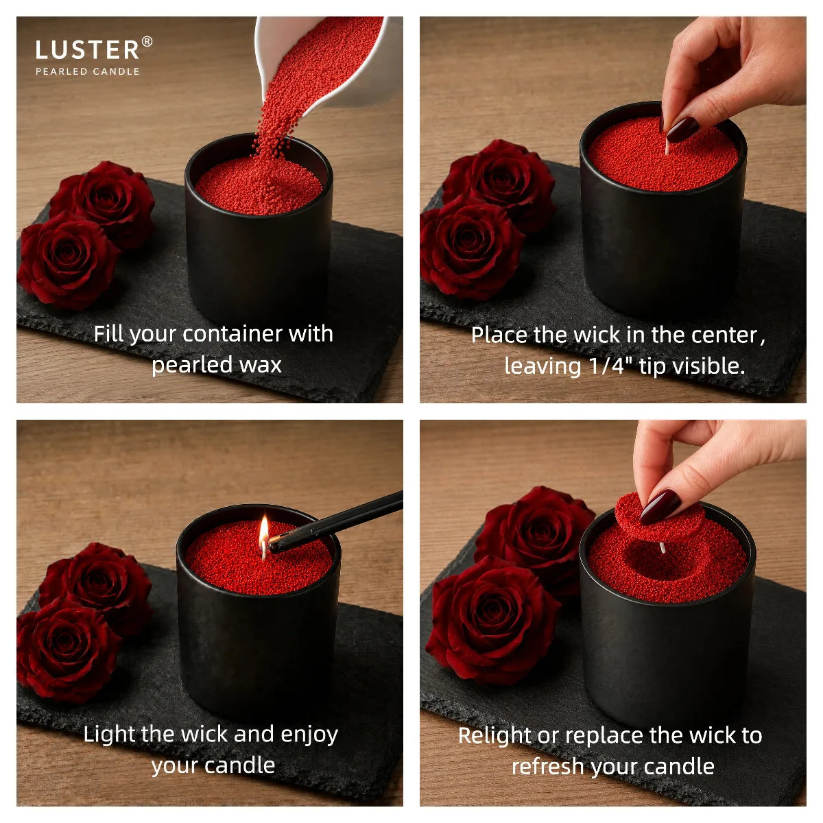How to use red candle sand by filling a container, placing a wick, lighting it, and refreshing the candle