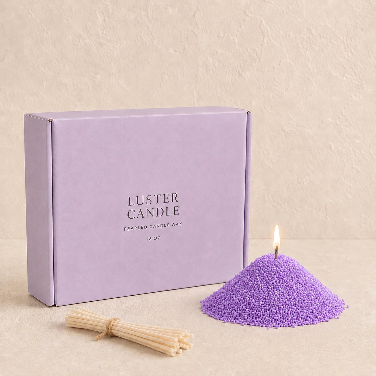 Lavender Purple Pearled Candle Wax with Luster Candle packaging, cotton wicks, and a lit wick for refillable DIY candle making.