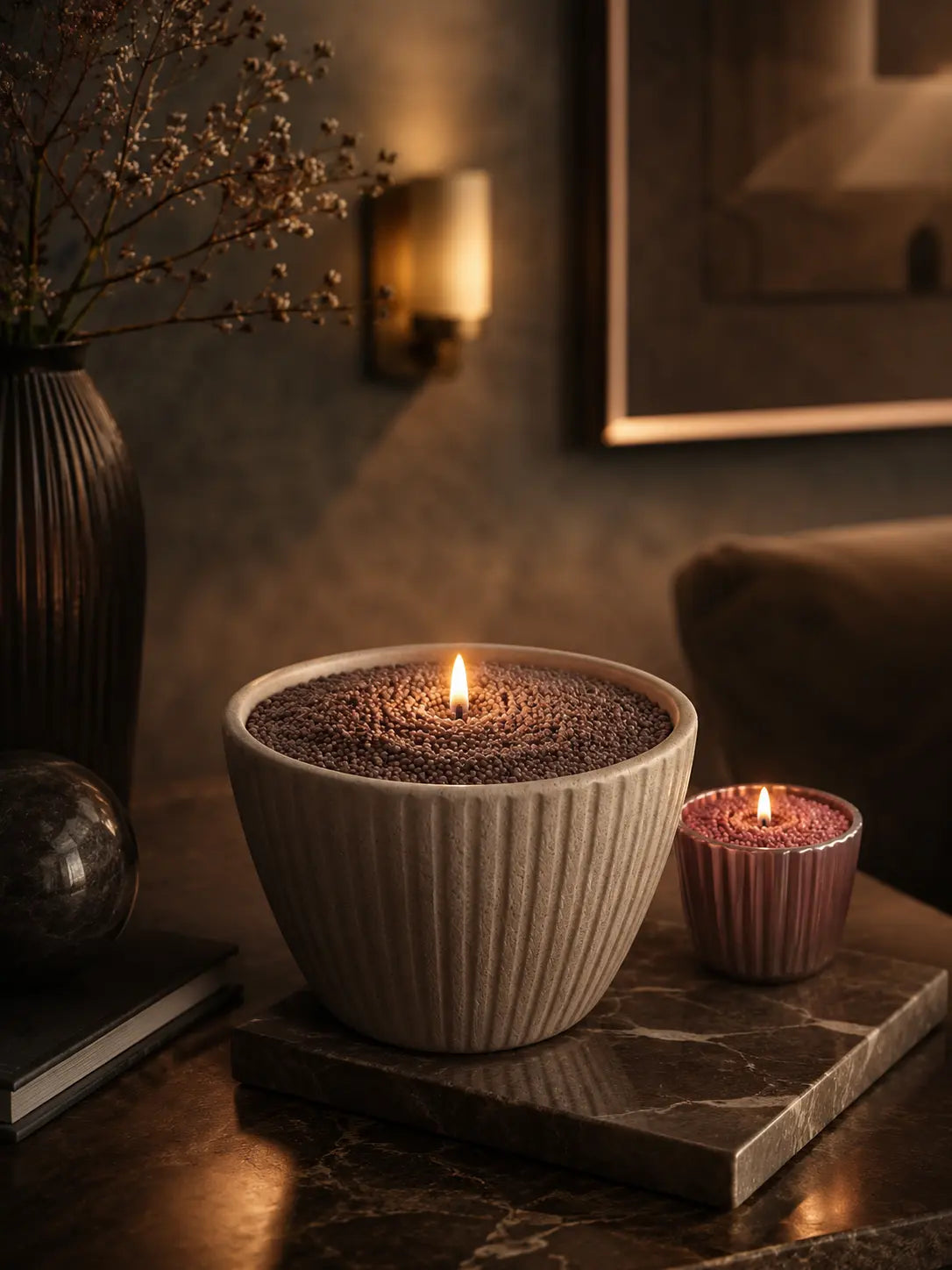 lit refillable pearled candle in a warm evening home setting with elegant candlelight and modern decor.