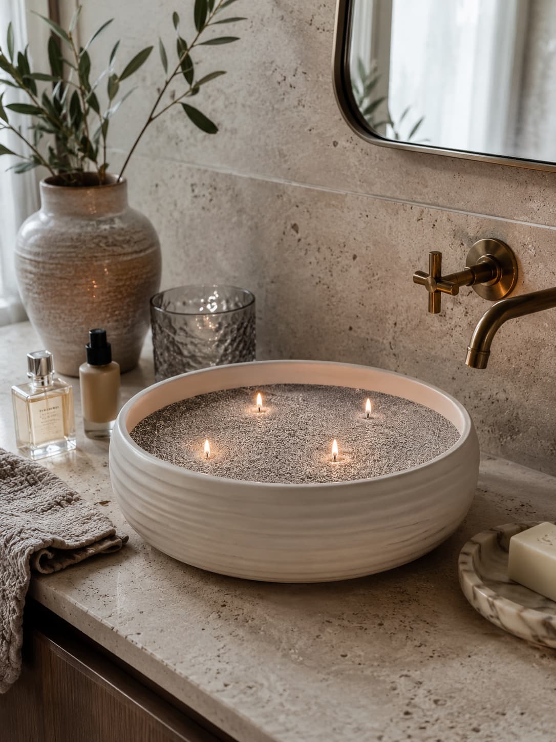 mist grey pearled candle wax in a large wooden vessel with fragrance oil being added in a cozy modern home setting.