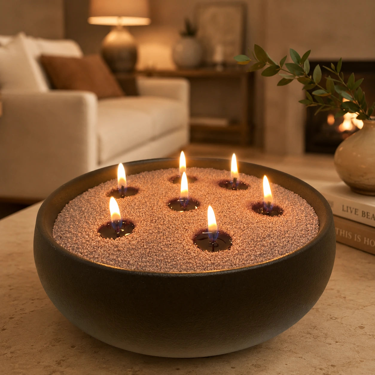 Luster Candle pearled candle wax in a large black bowl styled in a warm cozy living room, with multiple lit wicks and soft ambient lighting