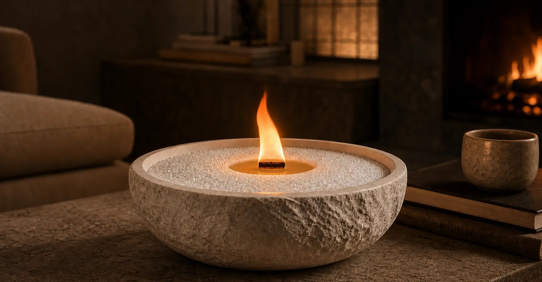Soft white pearled candle wax in a textured stone bowl with a glowing wick, styled in a warm fireplace living room for Luster Candle