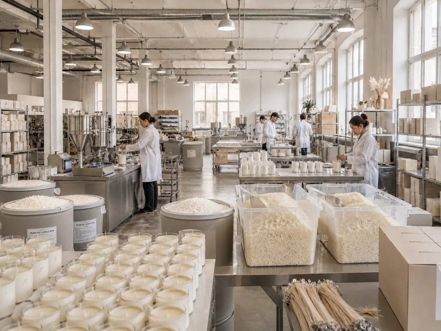 Luster Candle pearled wax manufacturing factory with large bulk containers of pearled candle wax, production area, packaging line, and finished candle products