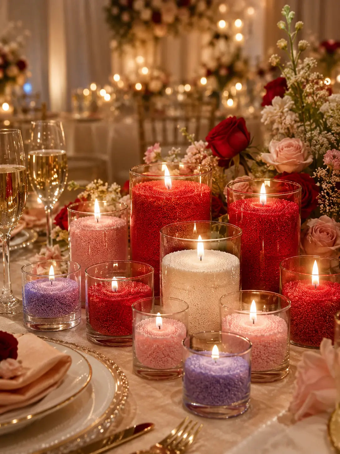 wedding table styled with red, soft white, blush pink, and lavender pearled candle wax in clear glass candle cups.