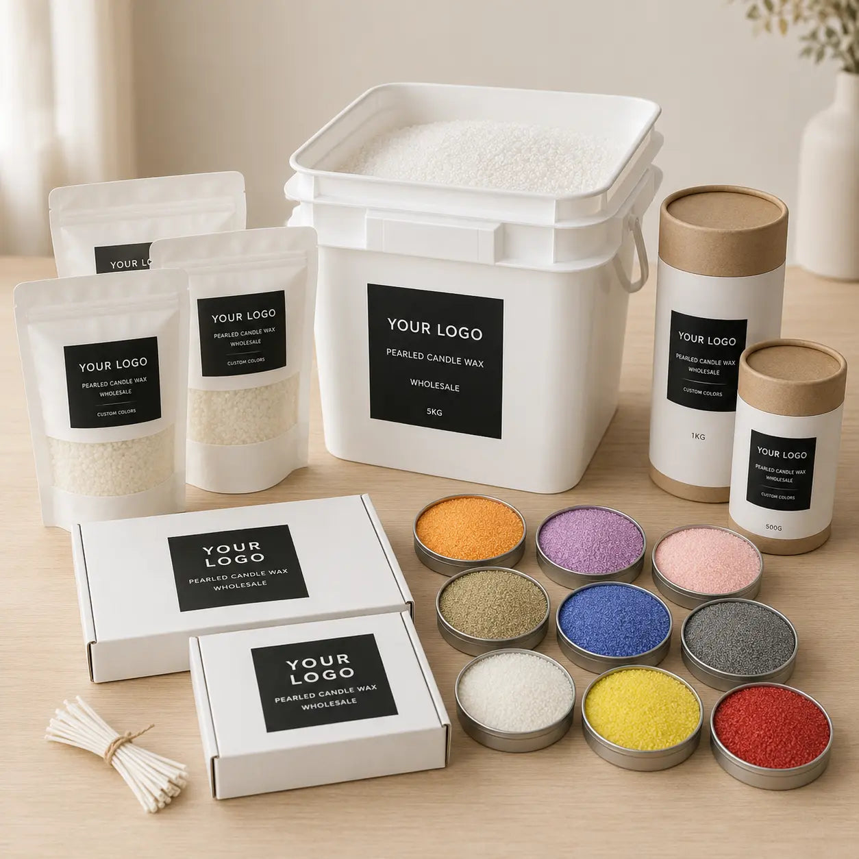 Wholesale and private label pearled candle wax packaging options by Luster Candle, including bucket, pouch, mailer box, cylinder tube, colored wax samples, and cotton wicks.