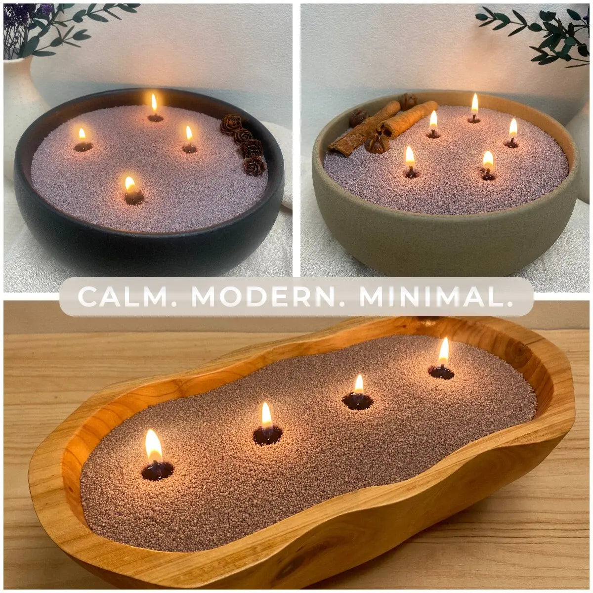 Real-life collage of Mist Grey pearled candle wax shown in black, stone, and wooden candle vessels