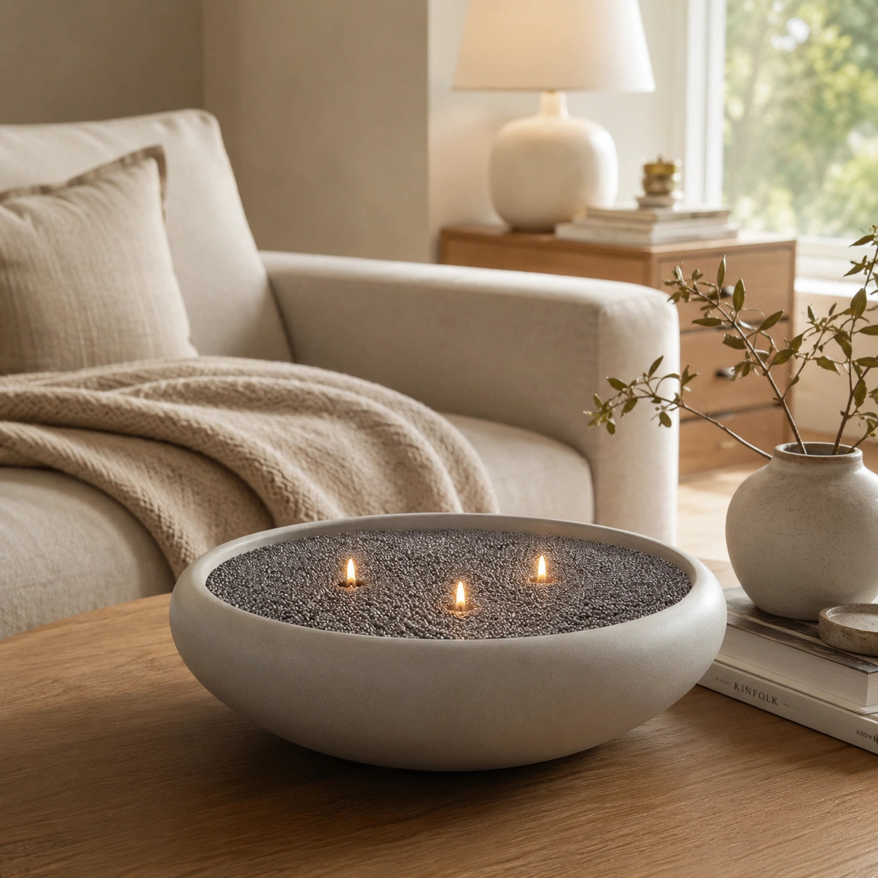mist grey pearled candle wax displayed in a warm home vessel scene