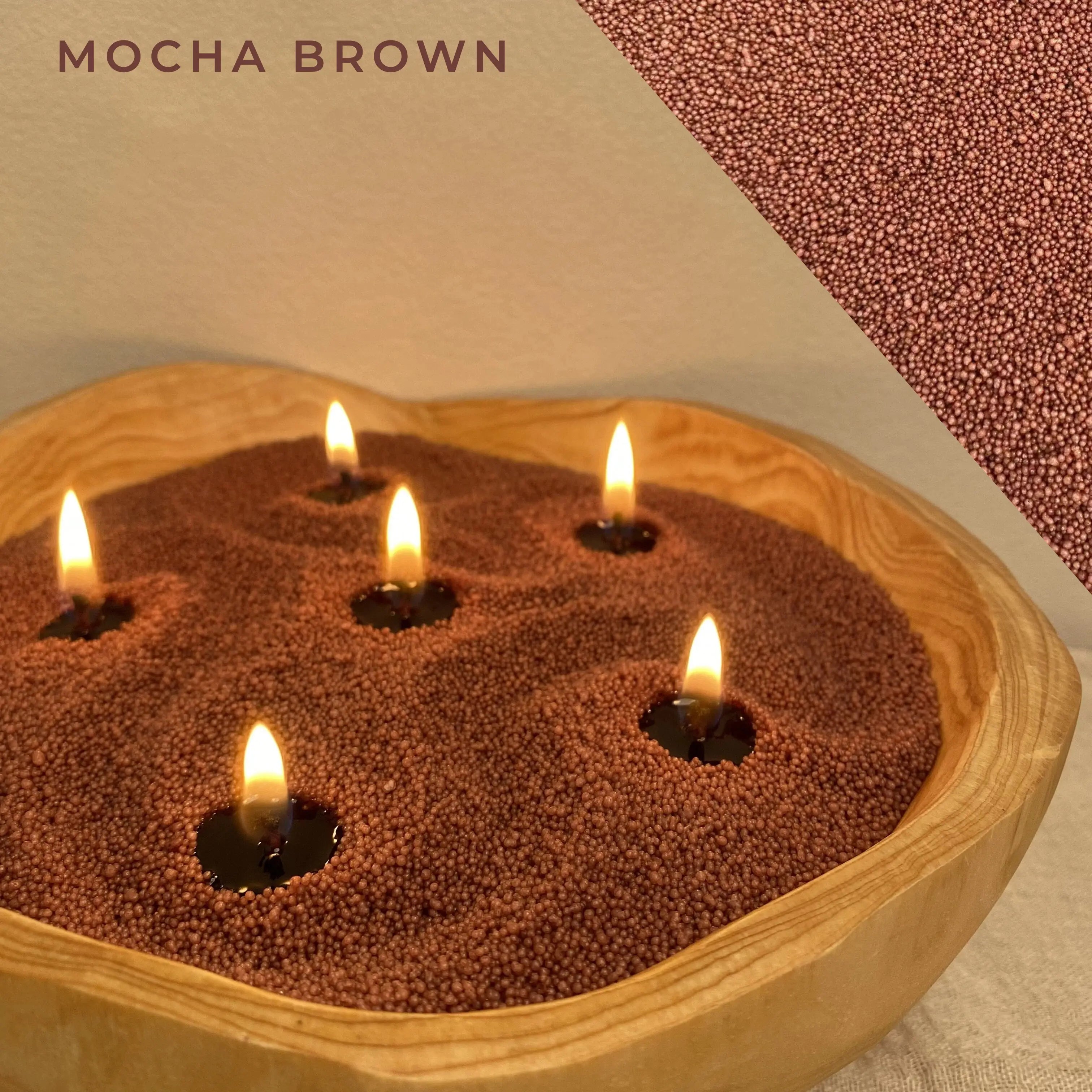 Mocha Brown Pearled Candle Wax burning with multiple cotton wicks, showing the wax bead texture and warm candlelight detail.