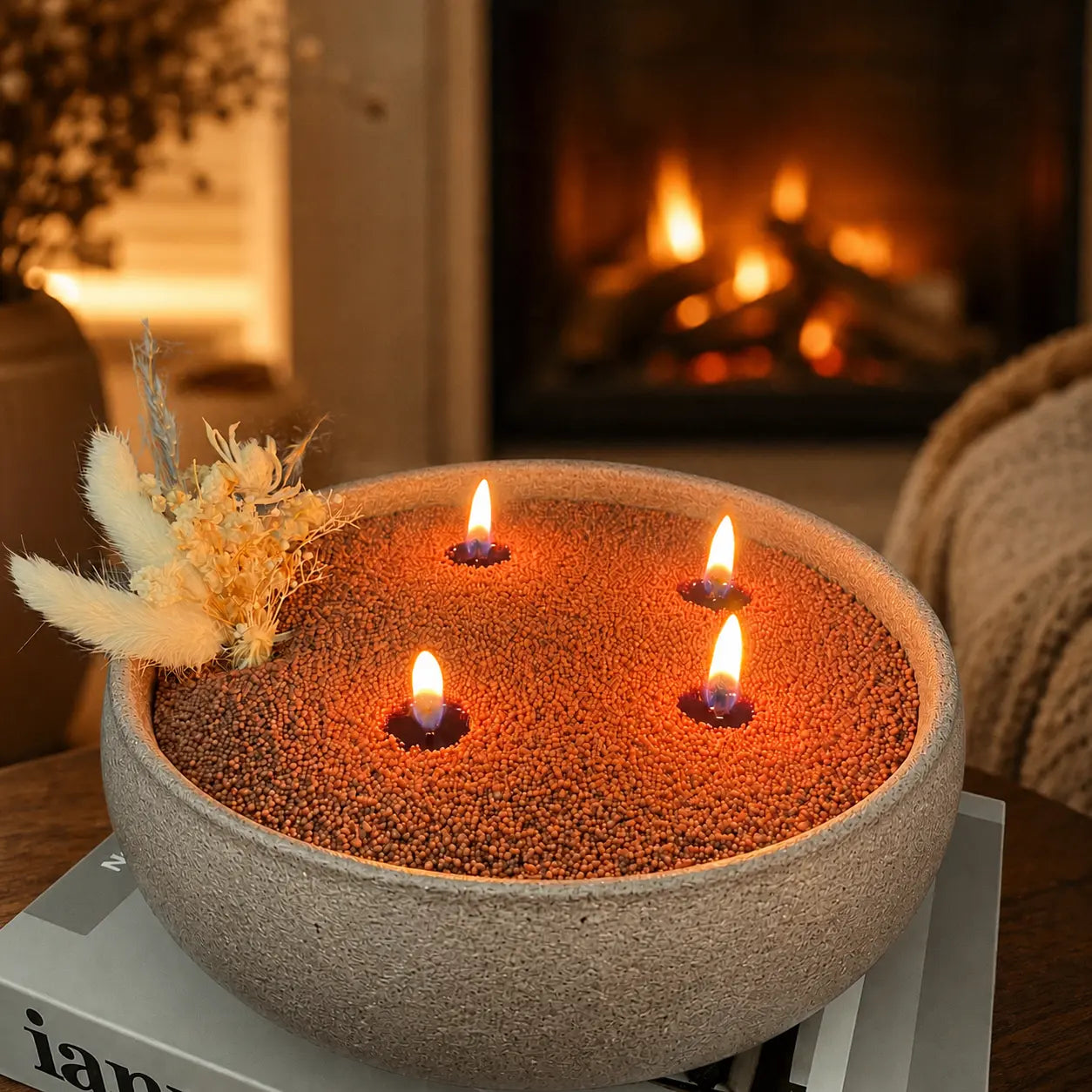 Mocha Brown Pearled Candle Wax burning in a mica coarse pottery bowl with four cotton wicks and warm candlelight.