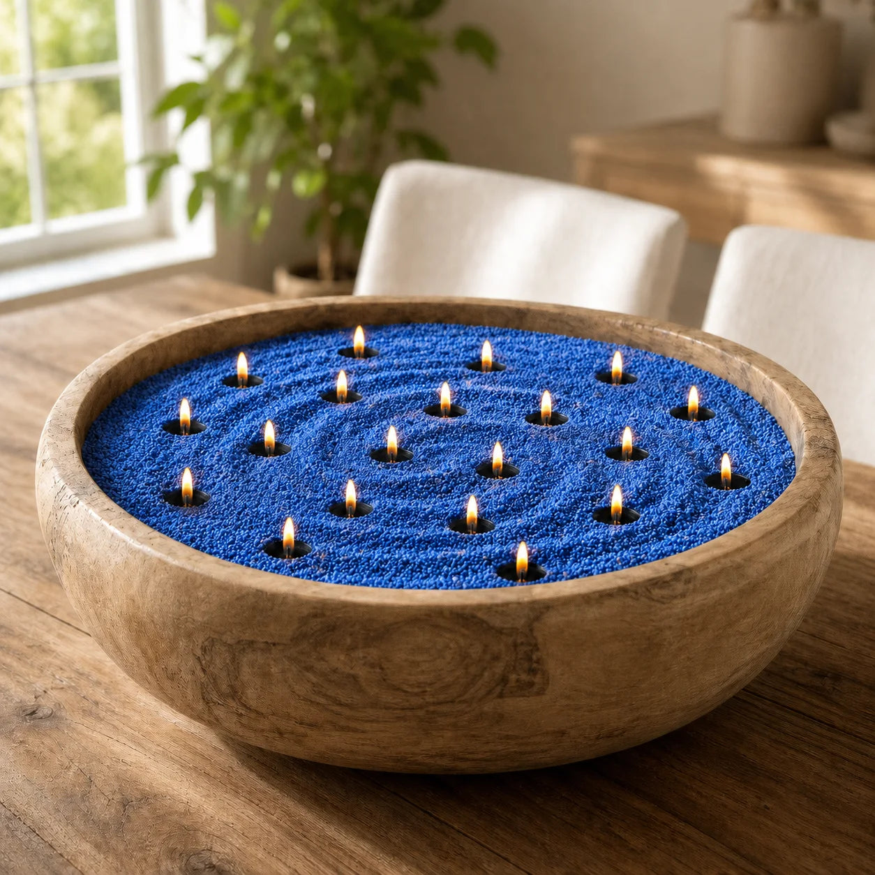 ocean blue pearled candle wax styled in a cozy modern home decor scene
