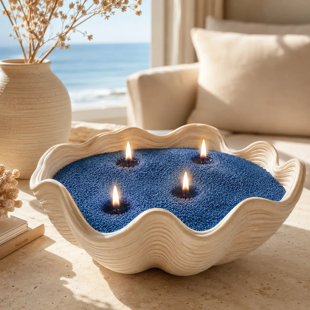 Ocean Blue pearled candle wax in a white shell-shaped candle vessel by a window with ocean view and soft flames.