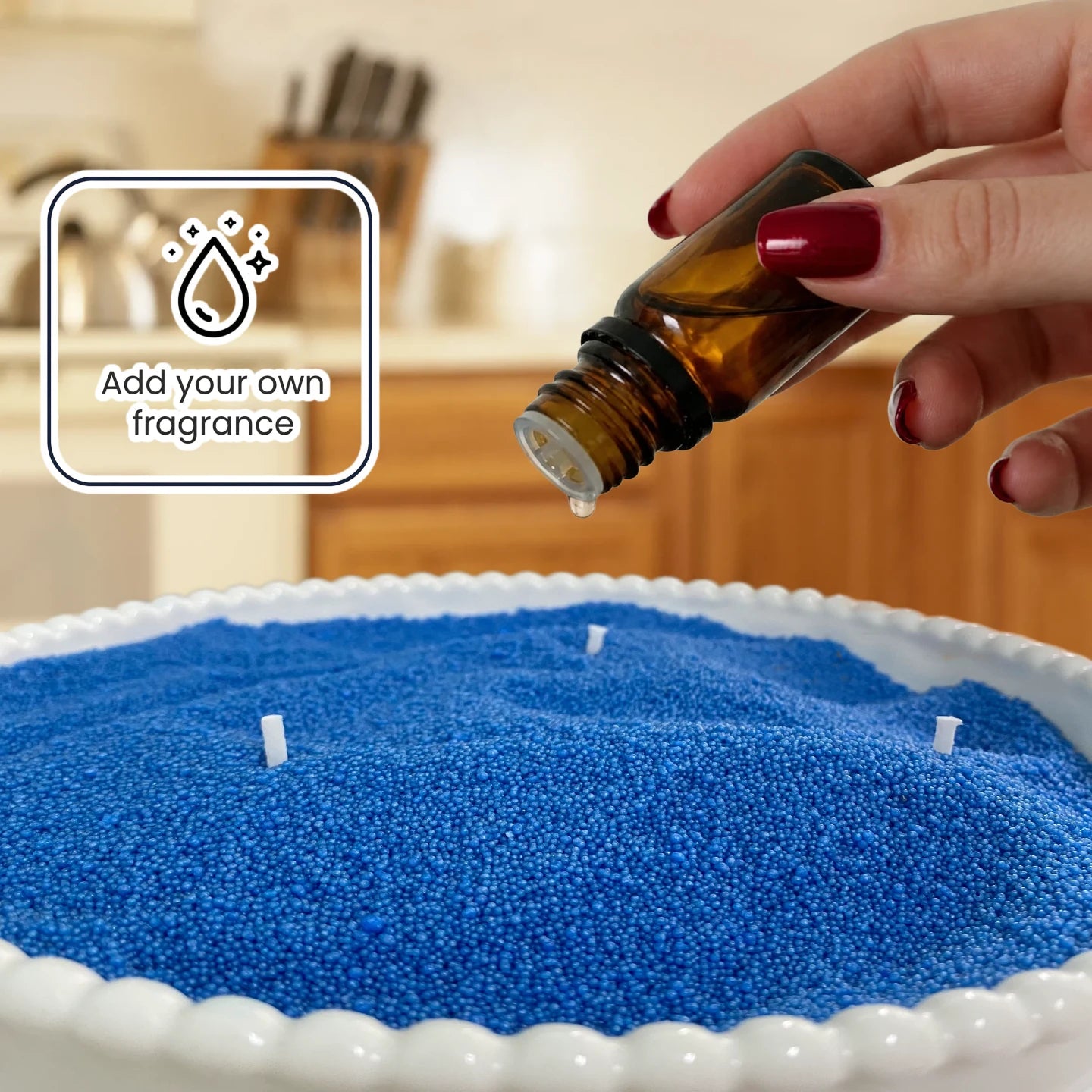 Add fragrance oil to pearled candle wax for a custom candle experience