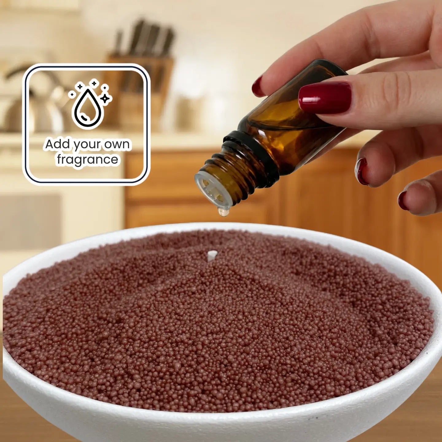 Add fragrance oil to pearled candle wax for a custom candle experience