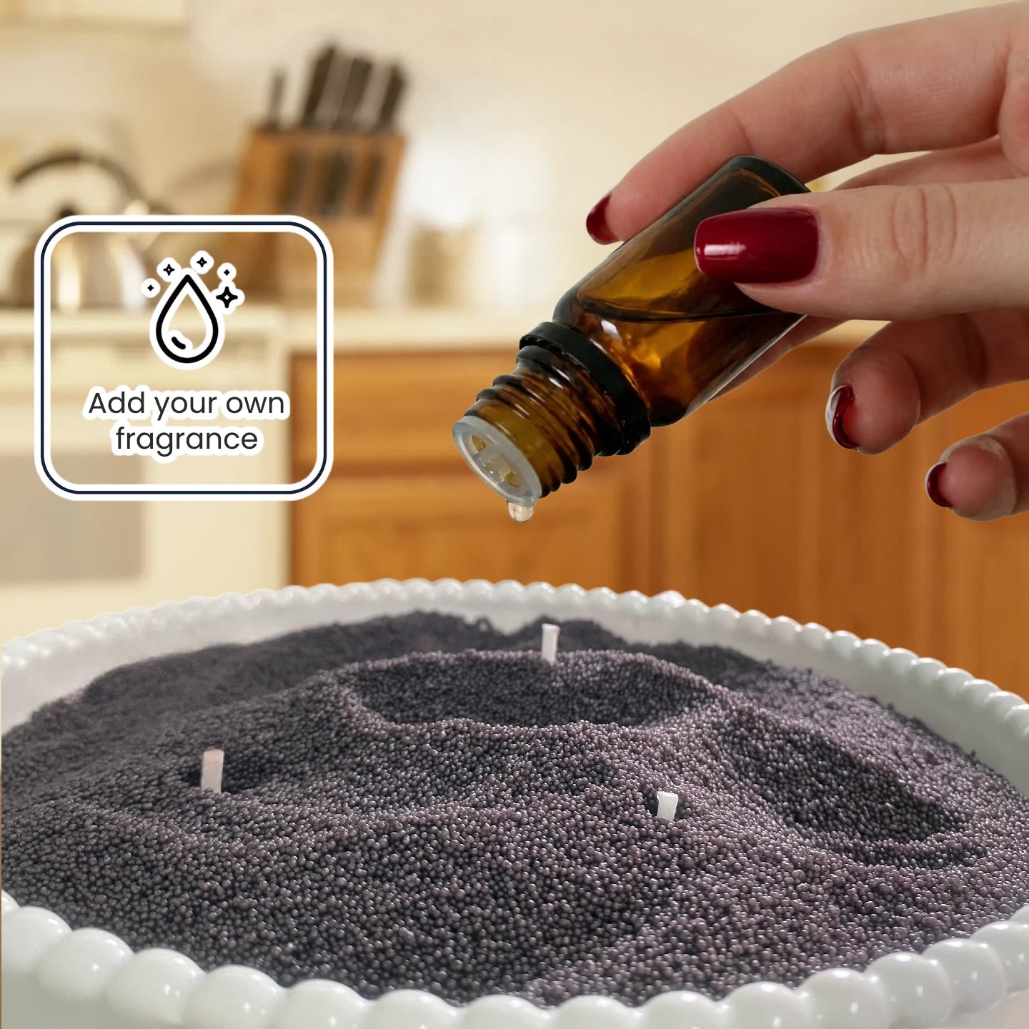 Add fragrance oil to pearled candle wax for a custom candle experience