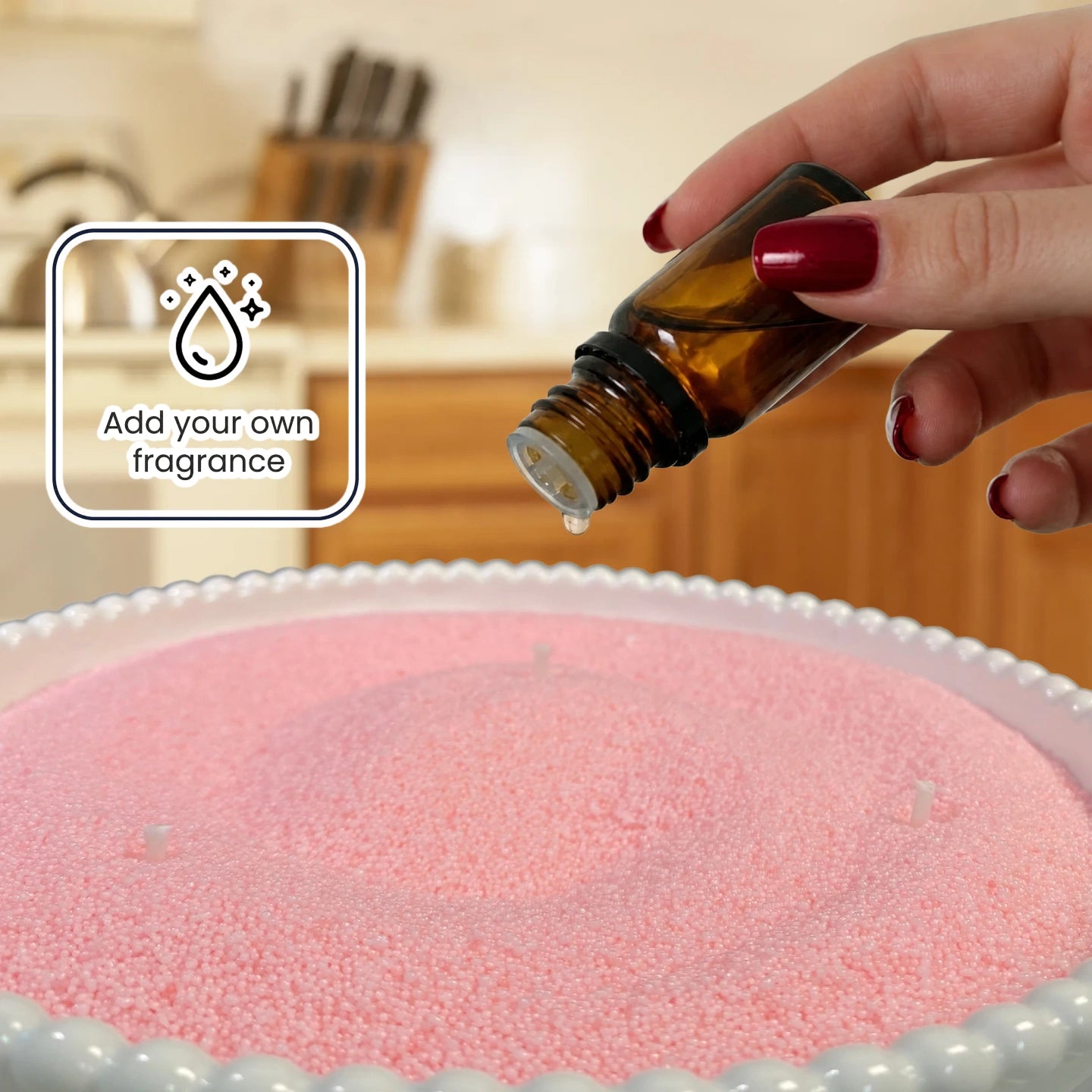Add fragrance oil to pearled candle wax for a custom candle experience