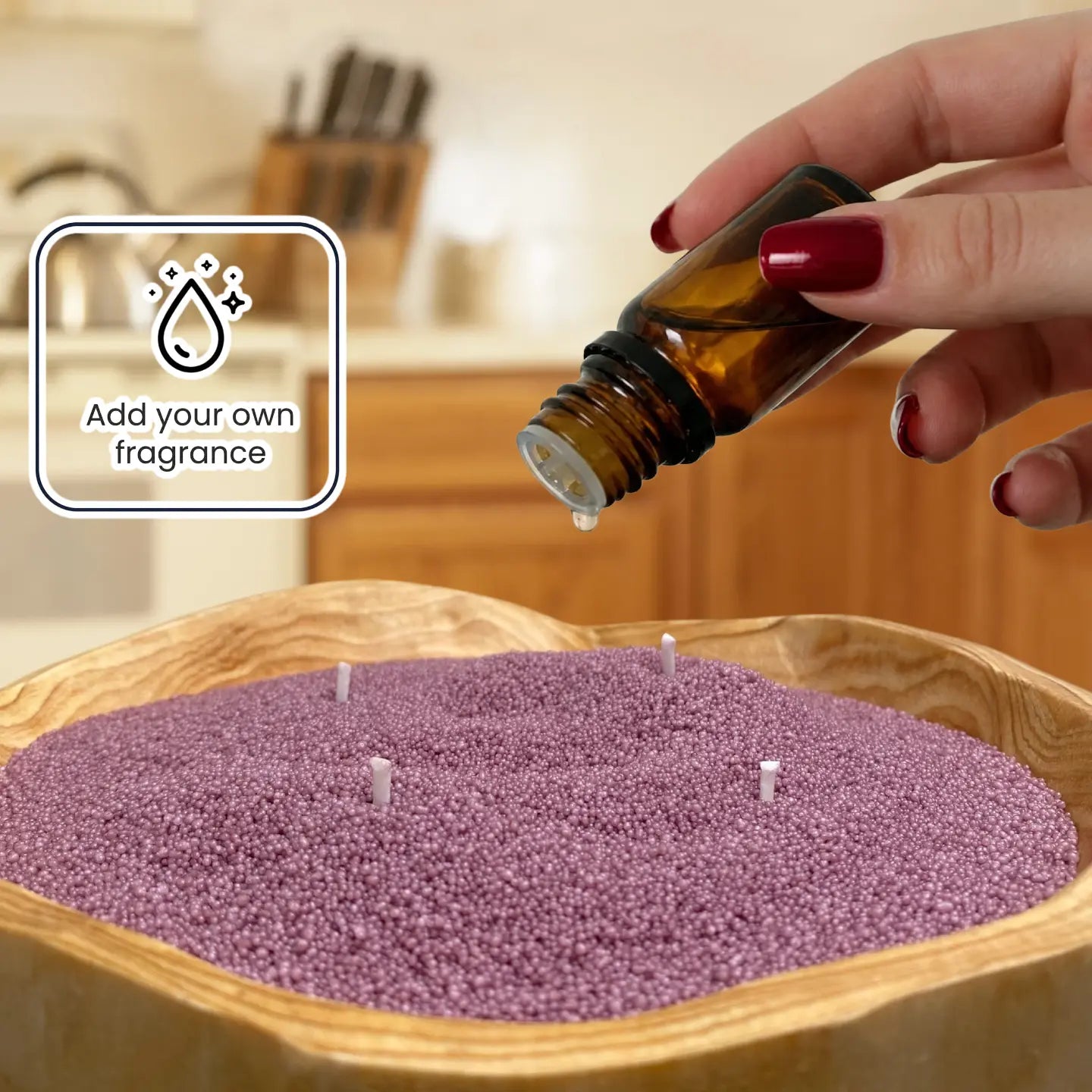 Add fragrance oil to pearled candle wax for a custom candle experience