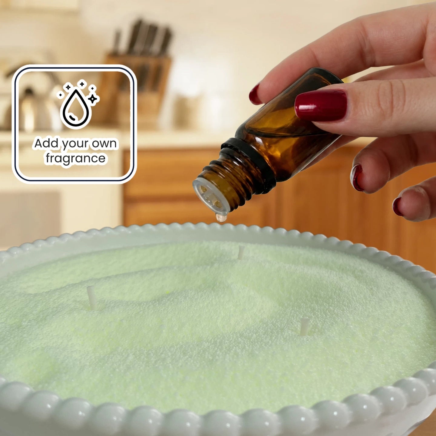Add fragrance oil to pearled candle wax for a custom candle experience