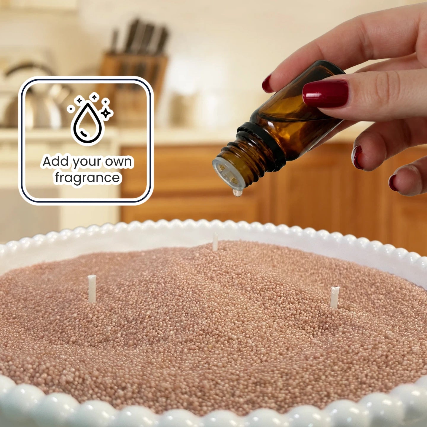 Add fragrance oil to pearled candle wax for a custom candle experience