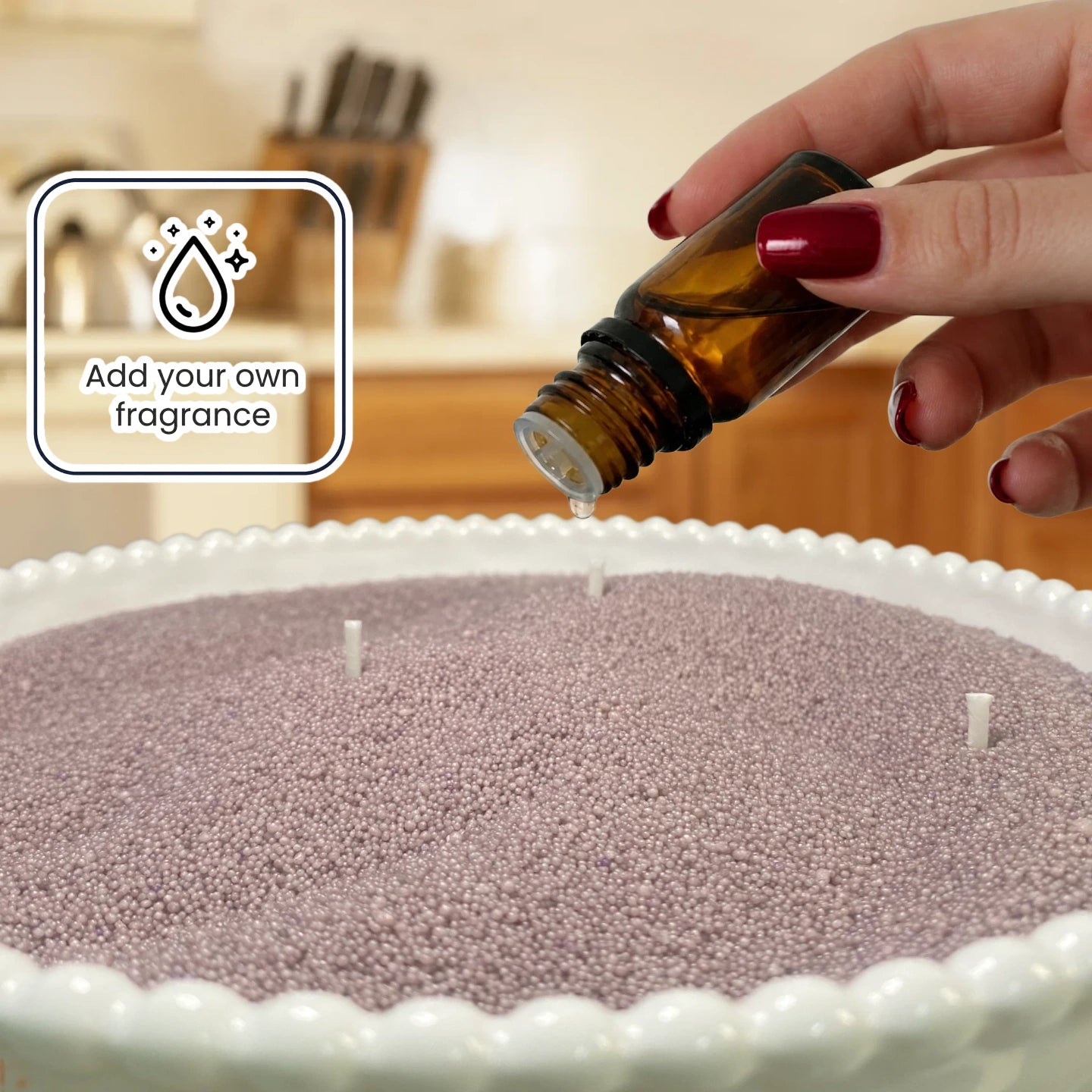 Add fragrance oil to pearled candle wax for a custom candle experience