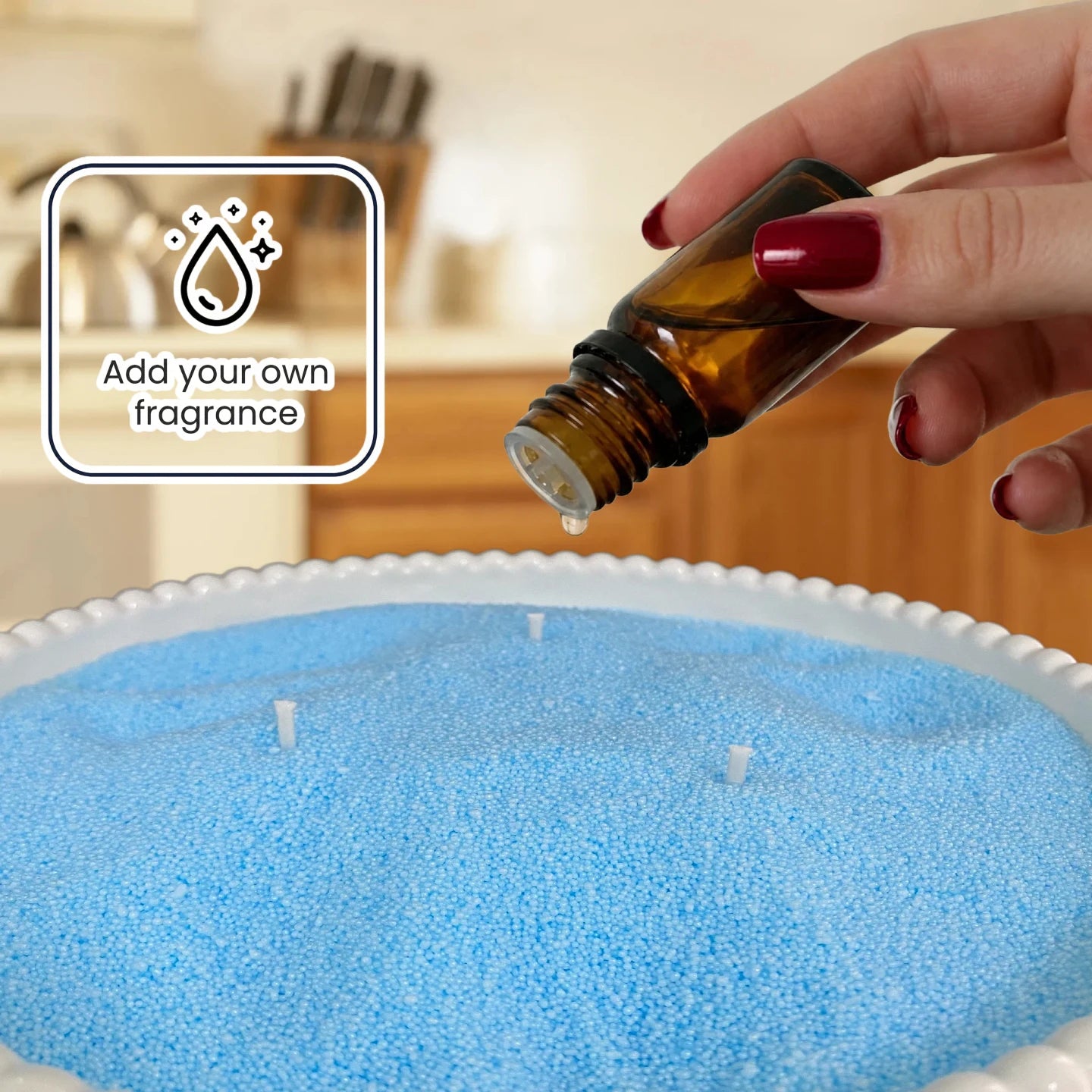Add fragrance oil to pearled candle wax for a custom candle experience