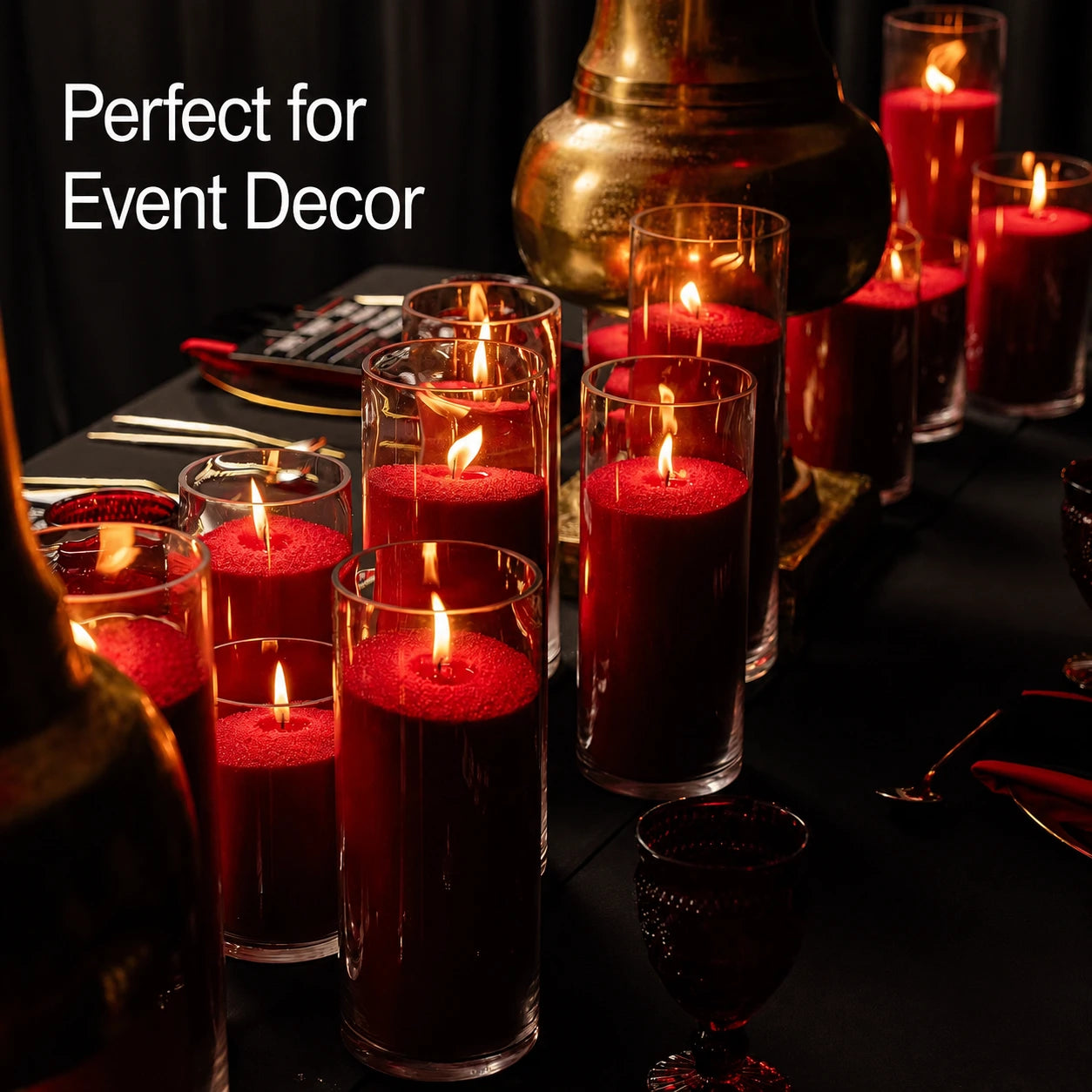 Red candle sand in glass containers for romantic event decor