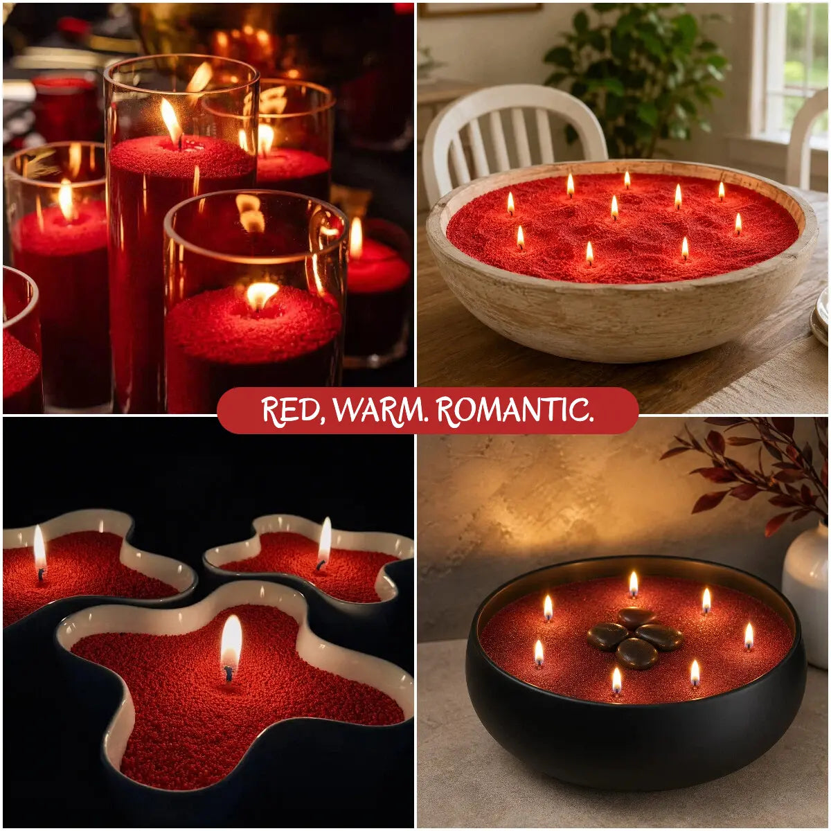 Red candle sand with wax pearls for warm romantic home decor